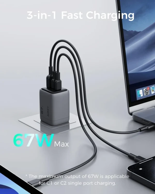 Kućni punjač AUKEY PA-C3 Fast  3-port 67W GaN