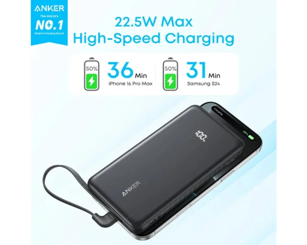 ANKER Zolo 10000mAh, 22.5W, sa ugrađenim USB-C kablom, Power Bank crni