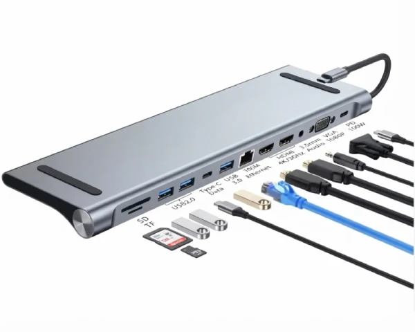 E-GREEN Multiport USB 3.1 tip C (M) - 2 x HDMI + VGA + 3 x USB 3.0 + 1 x tip C-(PD 100W) + USB 2.0 + 3.5mm + SD/TF + RJ45 (F)1000 Mbps (12 