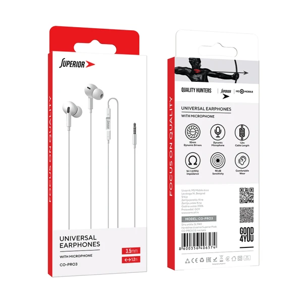 Handsfree slusalice superior pods co-pro3 3.5 mm bele