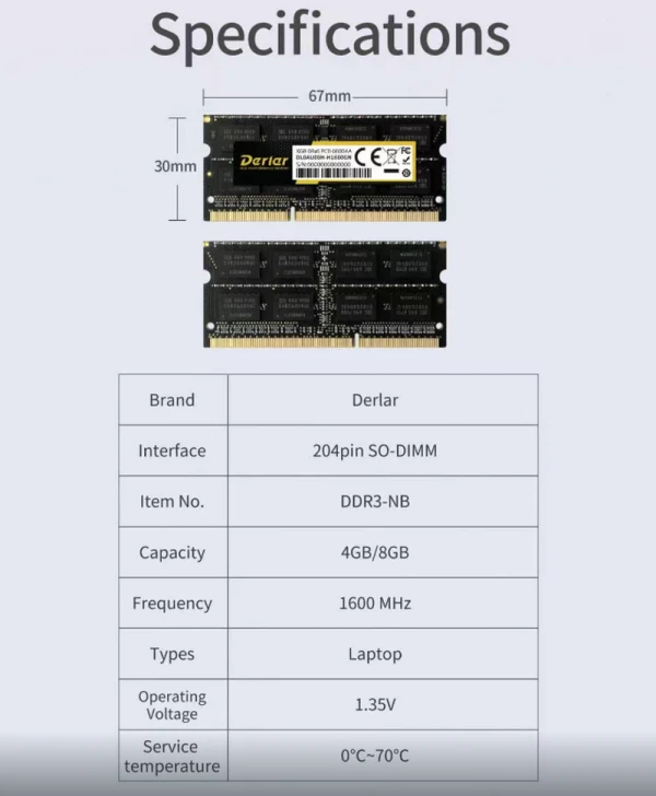 Laptop Ram Memorija Derlar DDR3 8gb 1600mhz
