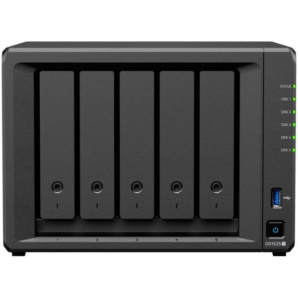 Synology DiskStation DS1525+ Tower, 5-Bays 3.5 SATA HDDSSD, 2 x M.2 2280 NVMe SSD slot, CPU AMD Ryzen V1500B 4-core 2.2 GHz, 8 GB DDR4 ECC 