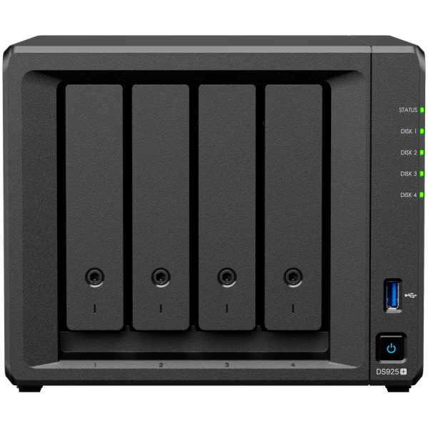 Synology DiskStation DS925+ Tower, 4-Bays 3.5 SATA HDDSSD, 2 x M.2 2280 NVMe SSD slot, CPU AMD Ryzen V1500B 4-core 2.2 GHz, 4 GB DDR4 ECC S