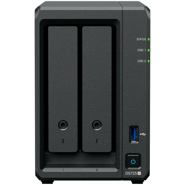 Synology DS725+, Tower, 2-Bays 3.5 SATA HDDSSD, 2 x M.2 2280 NVMe SSD, CPU AMD Ryzen R1600 dual-core (4-thread), max. boost up to 3.1 GHz, 